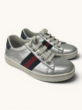 Gucci Kids Metallic Silver Ace Sneakers, Size 27 Italy